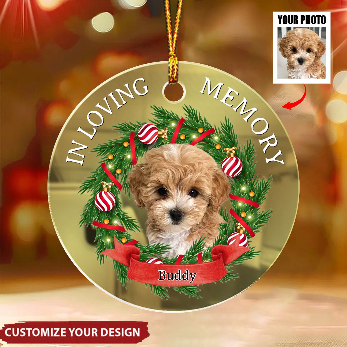 Custom Dog Photo In Loving Memory Mirrored Acrylic Ornament