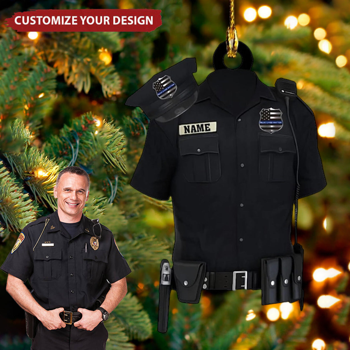 Personalized Police Uniform With Hat Gun Shaped Flat Ornament - Police Uniform Ornament