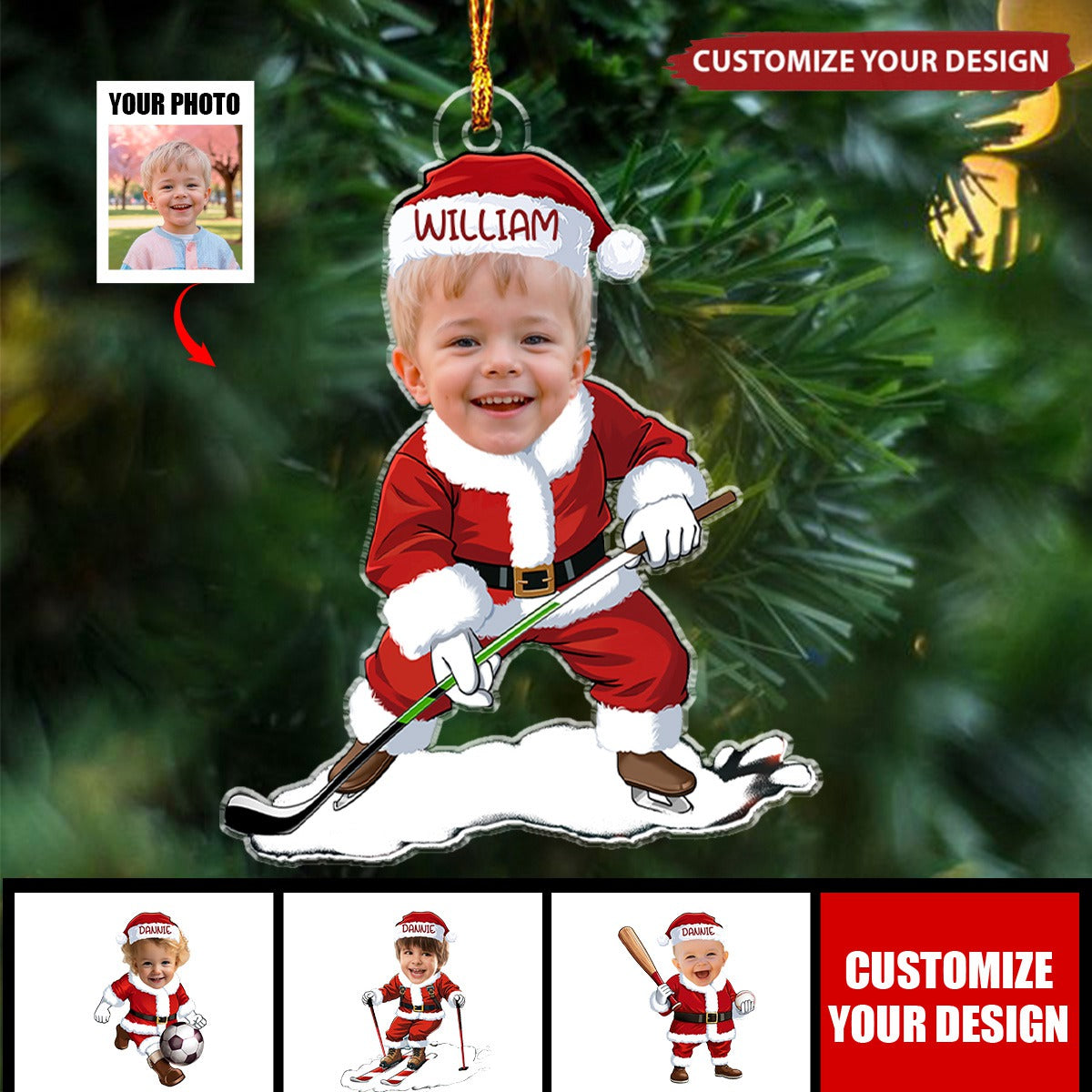 Playing Sports In Santa Costume - Personalized Acrylic Photo Ornament