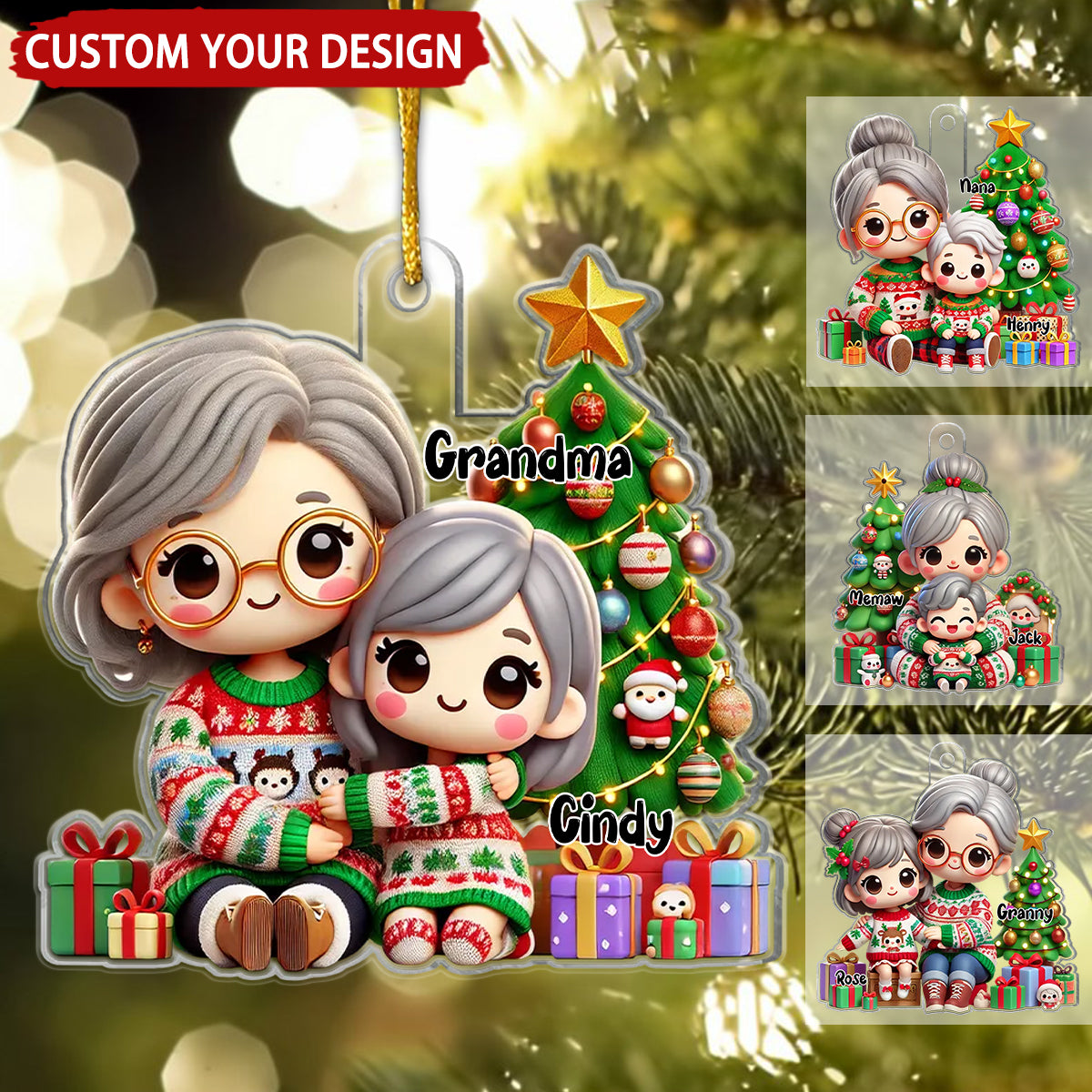 Cute Grandma Grandkid Christmas Tree And Gifts Personalized Acrylic Ornament