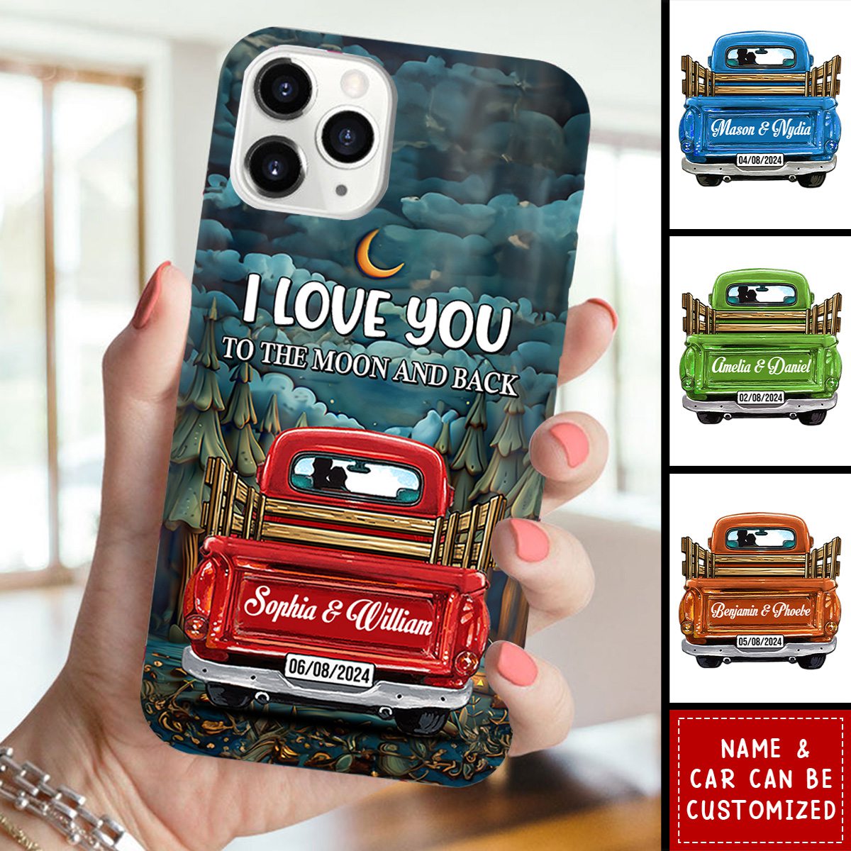 I Love You To The Moon And Black Couple In Truck Staring At The Moon - Personalized Glass Phone Case