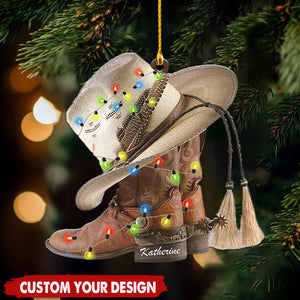 Cowboy Boots and Hat - Personalized Acrylic Christmas Ornament, Gift For Cowboy Cowgirl Horse Racing