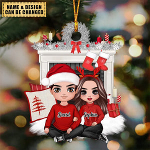 Christmas Doll Couple Sitting Hugging Personalized Custom Ornament - Christmas Gift For Couple