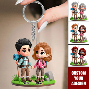 3D Cute Cartoon Hiking Couple Personalized Acrylic Keychain