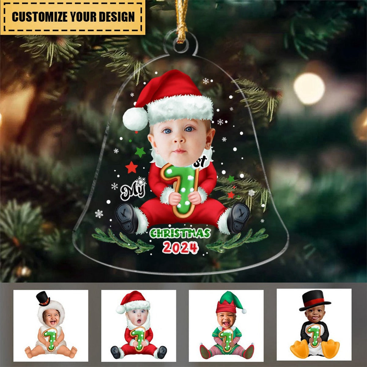 Transparent Ornament - Christmas Gifts - Custom Transparent Ornament from Photo - Christmas Bell Reindeer - My First Christmas 2024