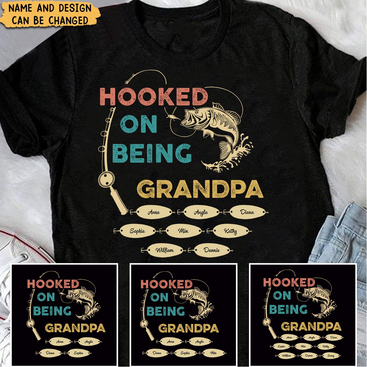 Hooked On Being Grandpa Fishing - Personalized T-Shirt - Father's Day Gift for Dad, Papa, Grandpa, Daddy, Dada