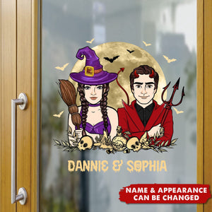 Halloween Couple Witch And Devil Personalized Decal, Halloween Decor