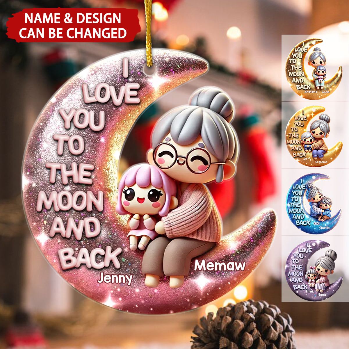 Cute 3D Effect Grandma & Grandkid I Love You To The Moon And Back Personalized Acrylic Ornament