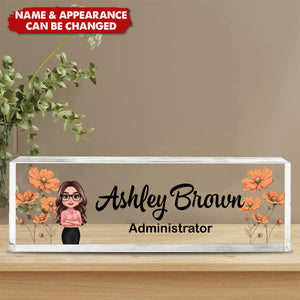 Birth Month Flowers Woman Personalized Acrylic Desk Name Plate, Office Decor, Christmas Gift