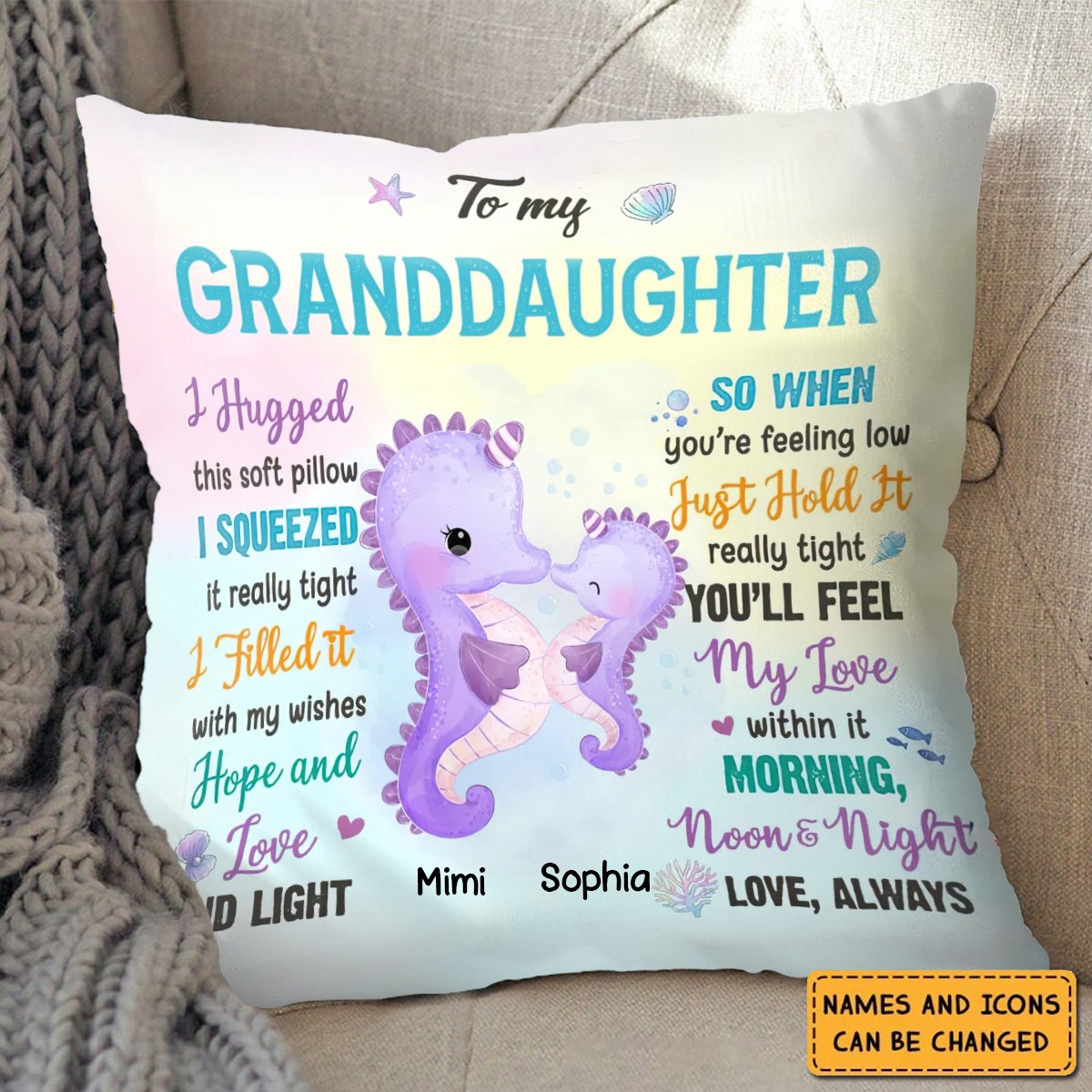 Personalized Granddaughter Gift Cute Seahorse Ocean Pillow