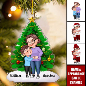 Cartoon Grandma & Grandkid Hugging By Christmas Tree Personalized Acrylic Ornament