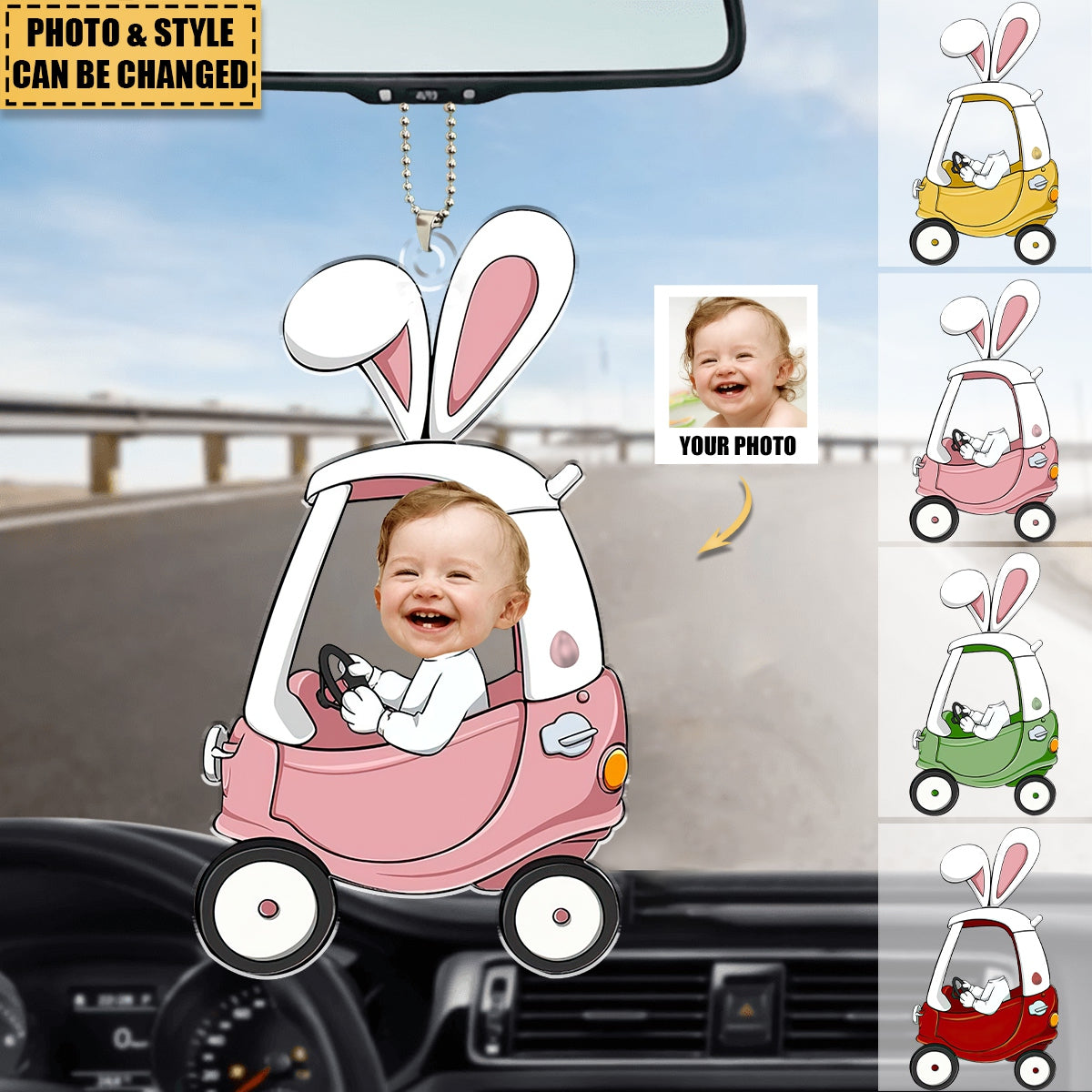 Custom Funny Face Bunny Easter Car Gift - Personalized Photo Easter Car Ornament