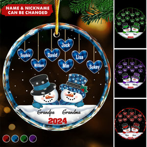 Papa Nana Snowman Christmas Grandparents - Personalized Circle Glass Ornament