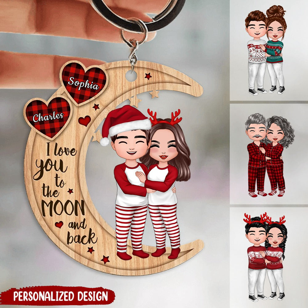 Christmas Doll Couple Standing Hugging Personalized Keychain