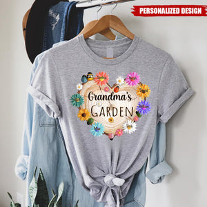 Personalized Grandma Garden Heart Flower Shirt, Custom Grandma With Grandkids Flower Wood Heart