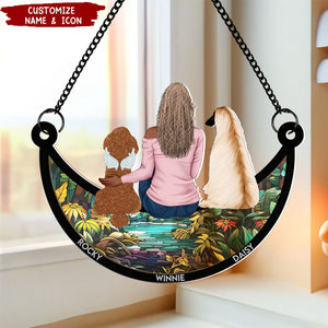 Girl And Dog Sitting On The Moon - Personalized Window Hanging Suncatcher Ornament