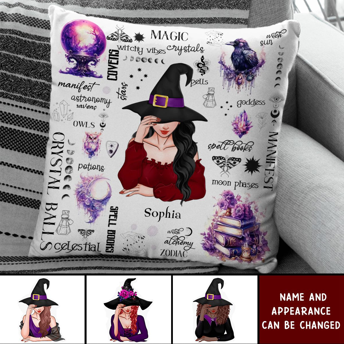 Personalized Witch Pillow - Gift Idea For Halloween/ Witch - Crystal Balls