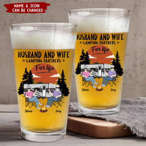 Husband And Wife Camping Partners For Life - Personalized Beer Glass