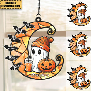 Halloween Grandma Boo & Bats Kids On Moon Personalized Suncatcher Ornament, Gift For Grandma