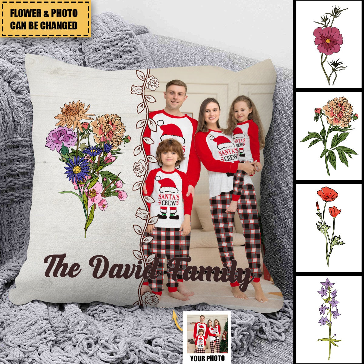 Custom Photo Family Flower Birth - Personalized Pillow