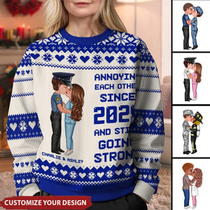 Christmas Hugging Kissing Couple Occupation Personalized Faux Knitting Ugly Sweater, Gift For Him, For Her, For Police, Nurse, Firefighter, EMS, Military