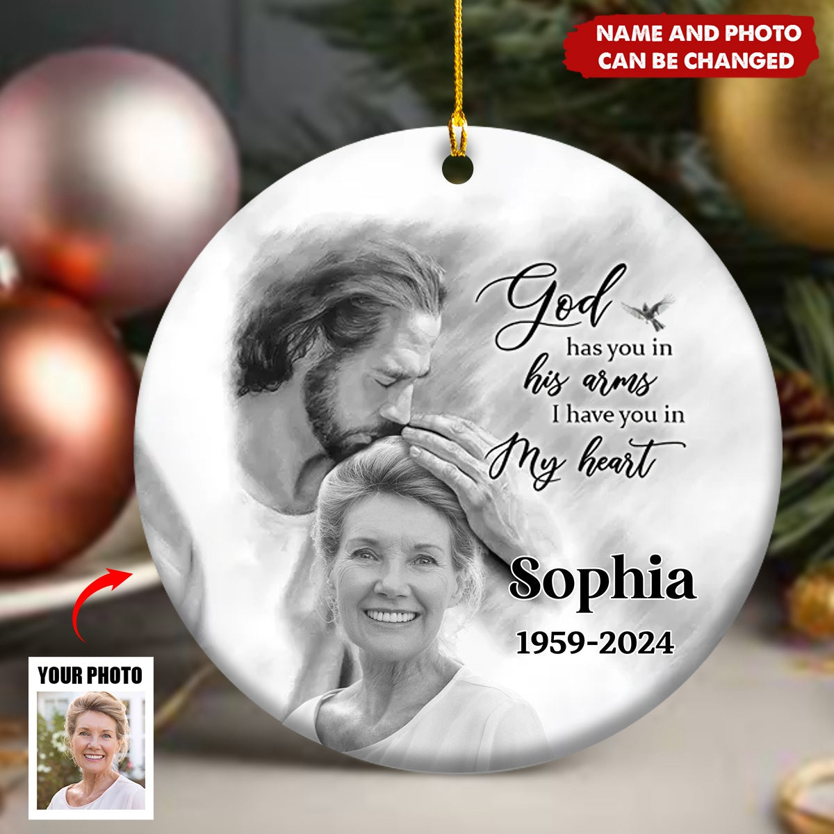 Personalized Memorial God Has You In His Arms Circle Ceramic Ornament