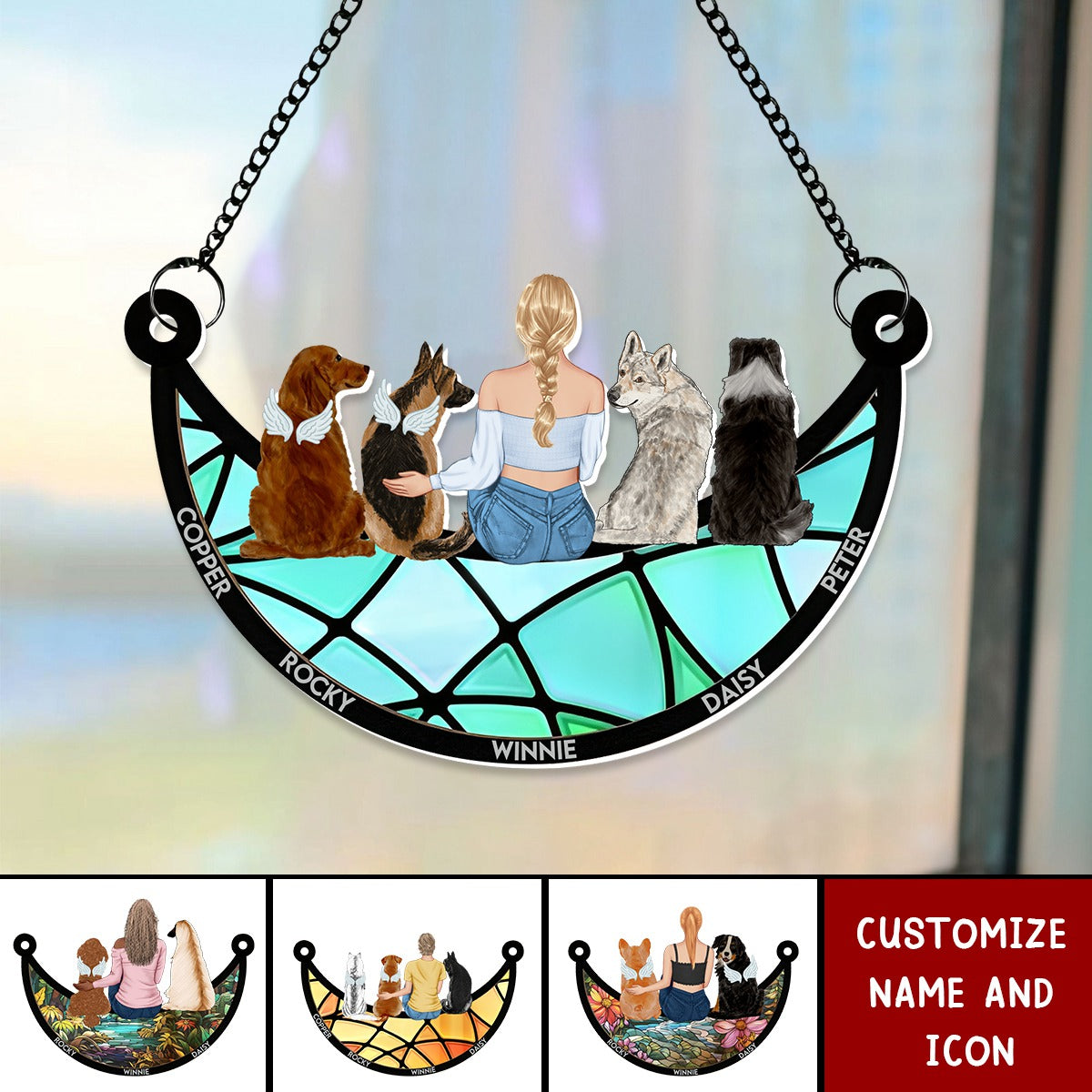 Girl And Dog Sitting On The Moon - Personalized Window Hanging Suncatcher Ornament