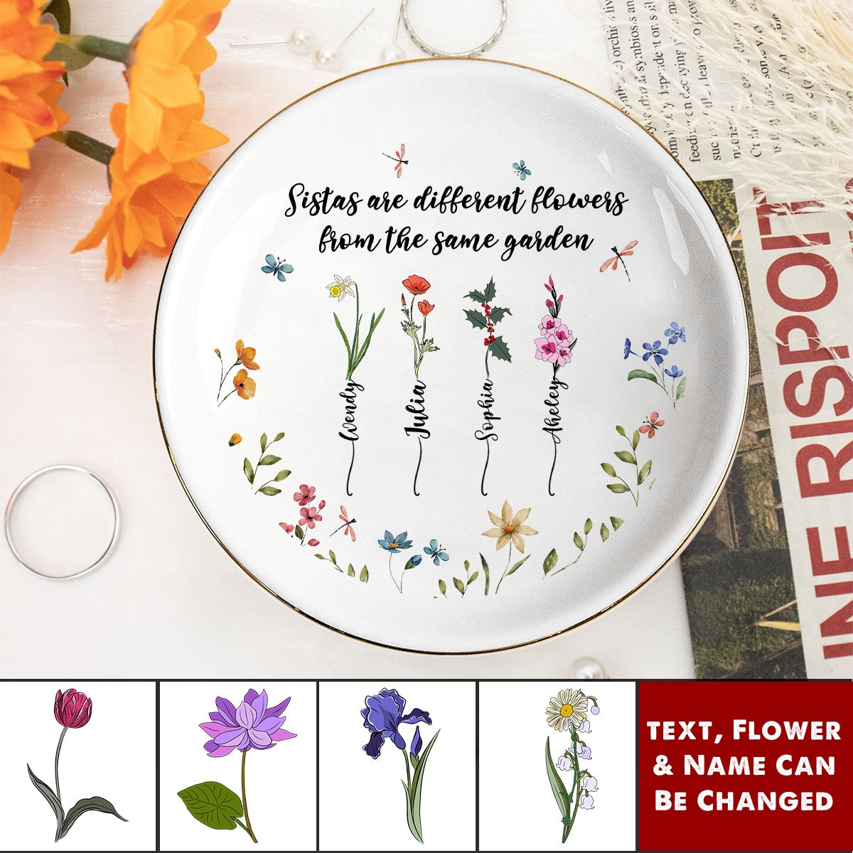 Sisters Are Differents Flowers Custom Birth Flowers - Personalized Jewelry Dish