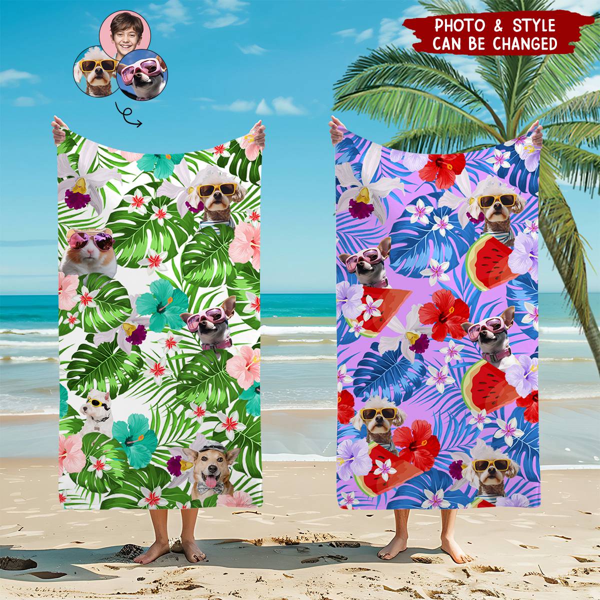 Cat Dog Photo Tropical Style Personalized Beach Towel