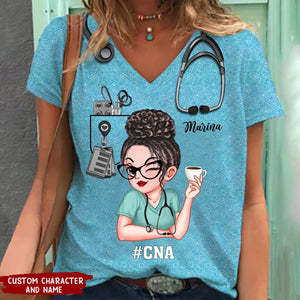 Pretty Doll Nurse Scrub CNA RN Healthcare Worker Personalized V-neck 3D T-shirt