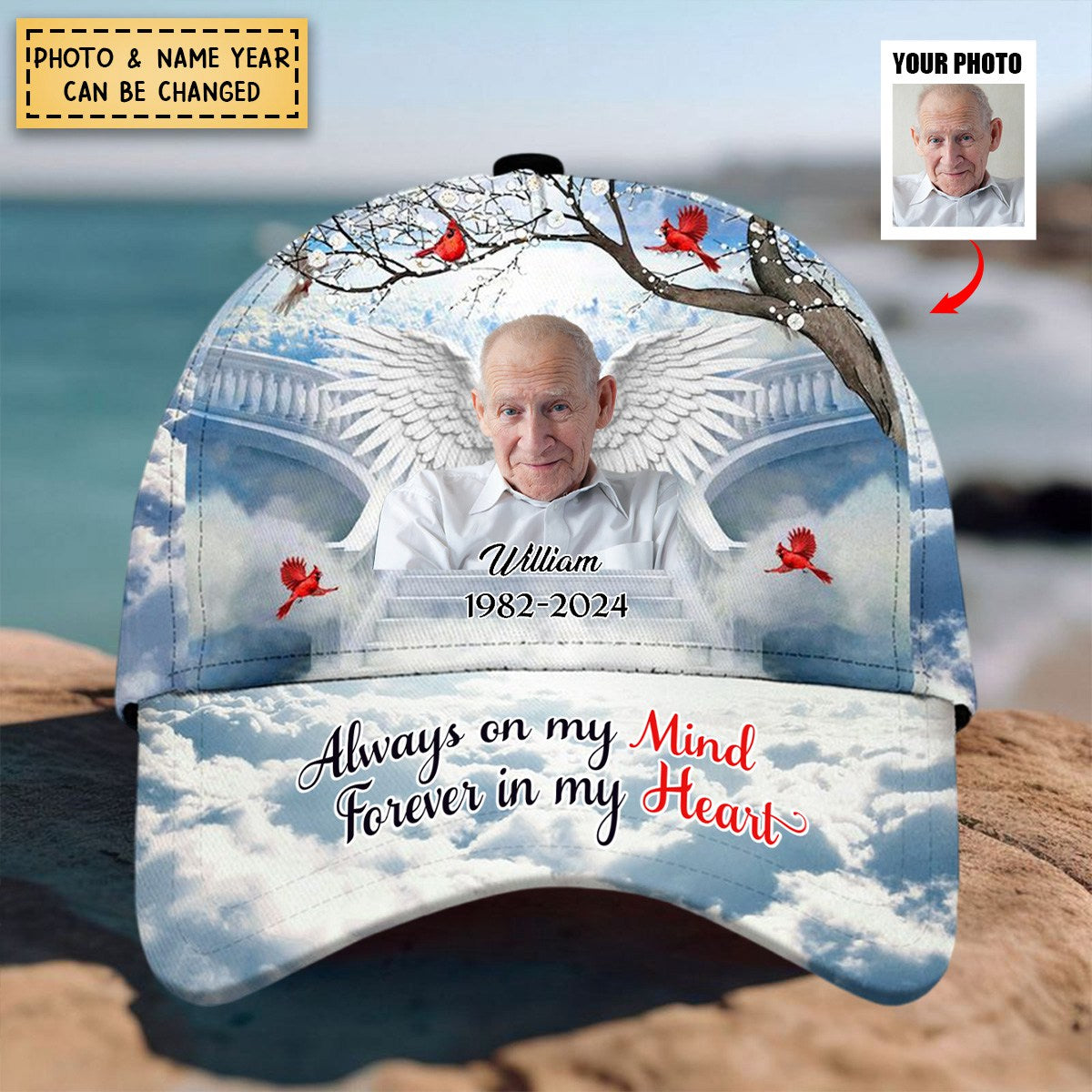 Memorial Upload Photo Wings Heaven, In Loving Memory A Big Piece Of My Heart Lives In Heaven Personalized Cap