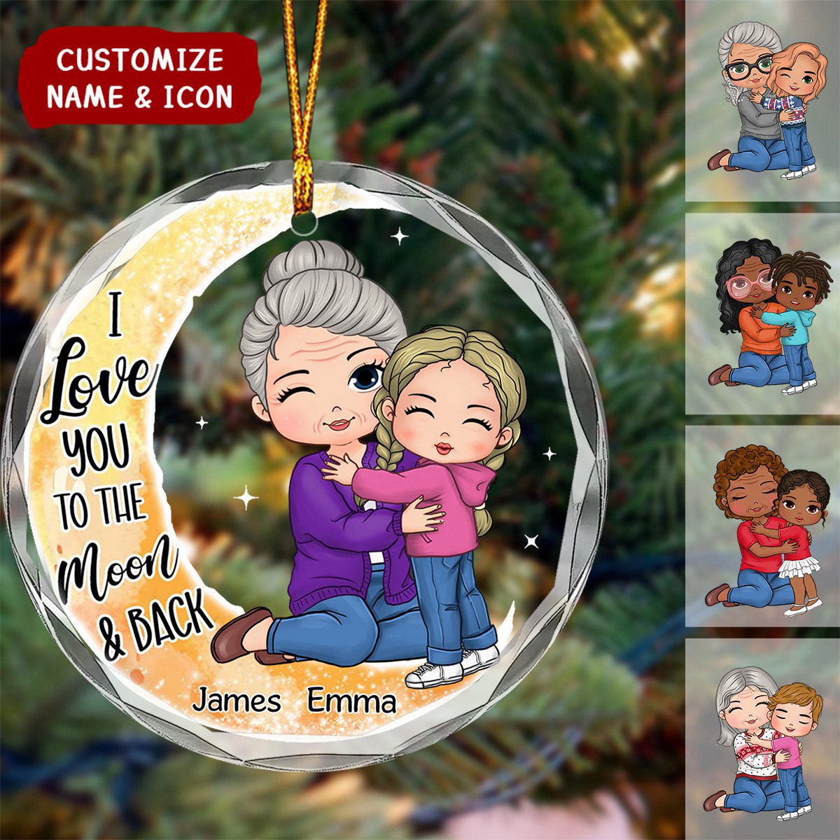 Christmas Grandma & Grandkid On Moon Personalized Circle Glass Ornament