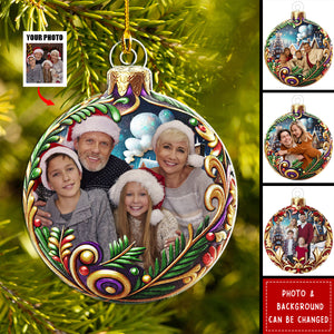 Custom Photo Christmas Ball With Floral Pattern - Personalized Custom Shaped Acrylic Ornament