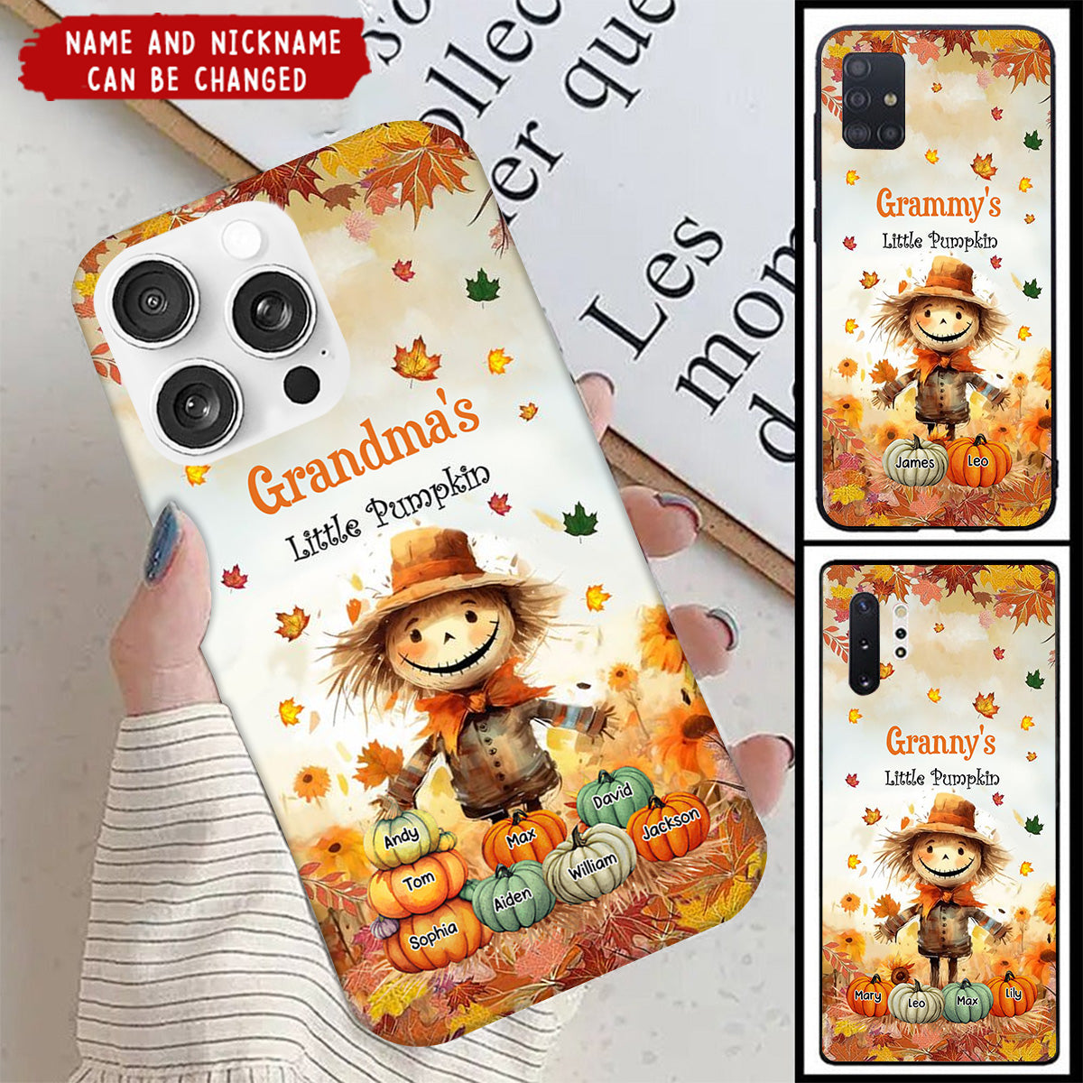 Grandma's Little Pumpkins Scarecrow Standing With Pumpkins Around Personalized Phone Case