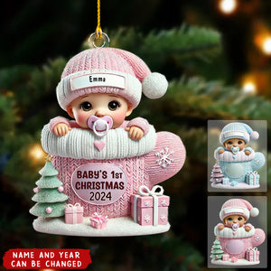 Baby In Mitten 3D Effect Baby's First Christmas Personalized Acrylic Flat Ornament