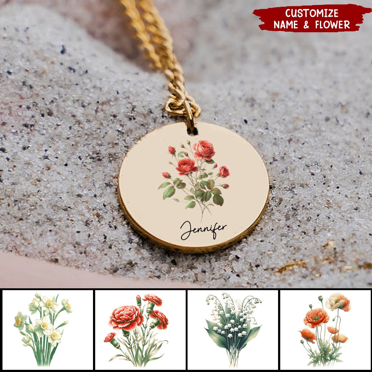 Custom Name Birth Flower Personalized Coin Necklace