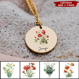 Custom Name Birth Flower Personalized Coin Necklace