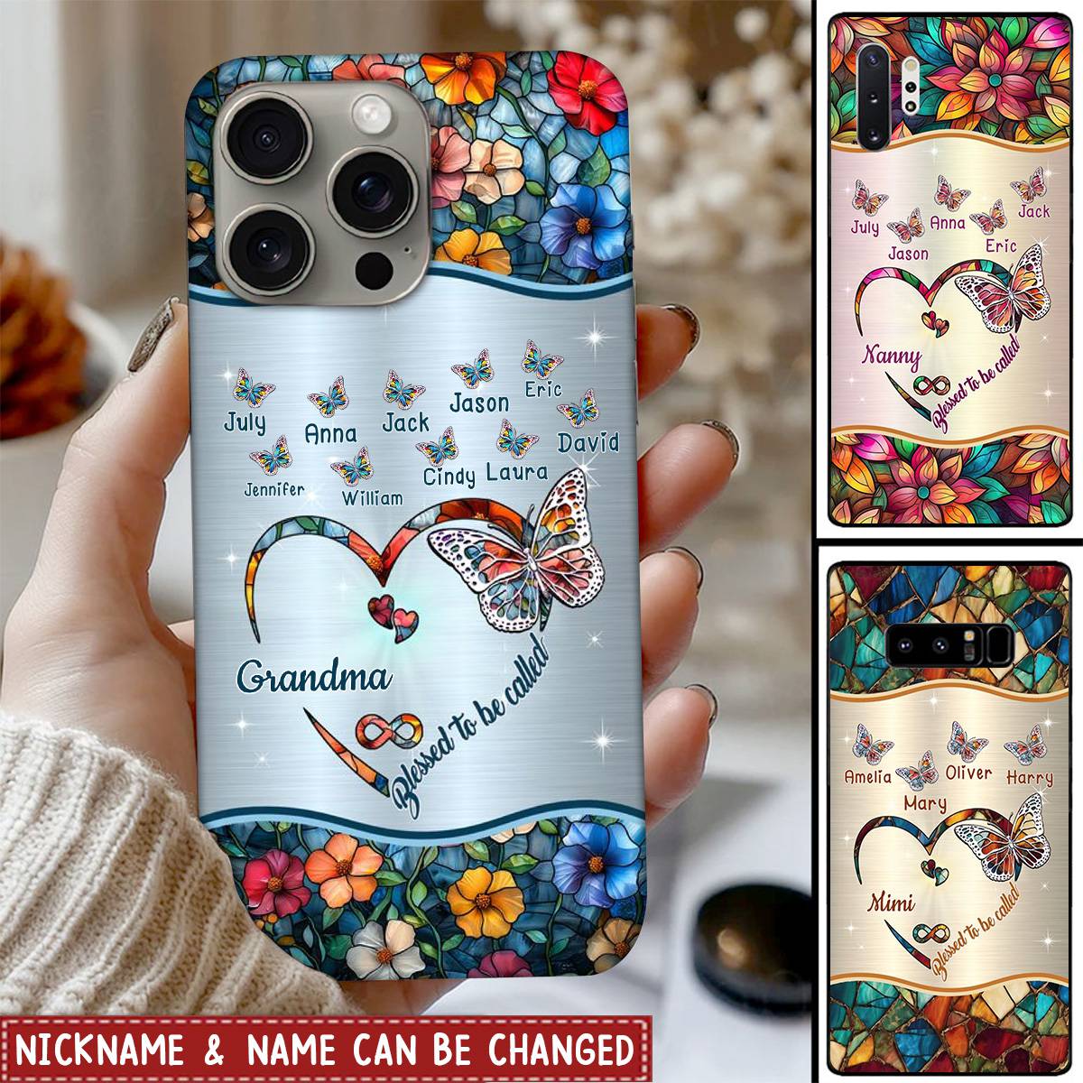 Grandma Mom Heart Butterfly Kids Stained Glass Pattern Personalized Glass Phone Case