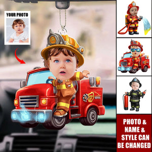 Funny Firefighter Kid Personalized Christmas Car Ornament