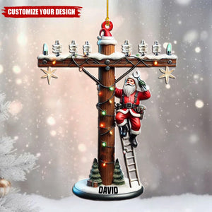 Personalized Lineman Christmas Ornament With Santa On Utility Pole