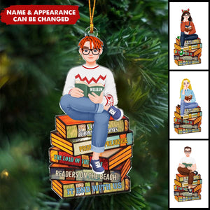 Personalized Gifts For Book Lovers Christmas Ornament Girl Sitting On Stack Of Books Reading