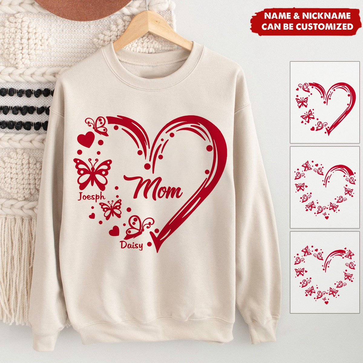 Sweet Valentine Nana Mom Heart Butterfly Kids Personalized Sweatshirt