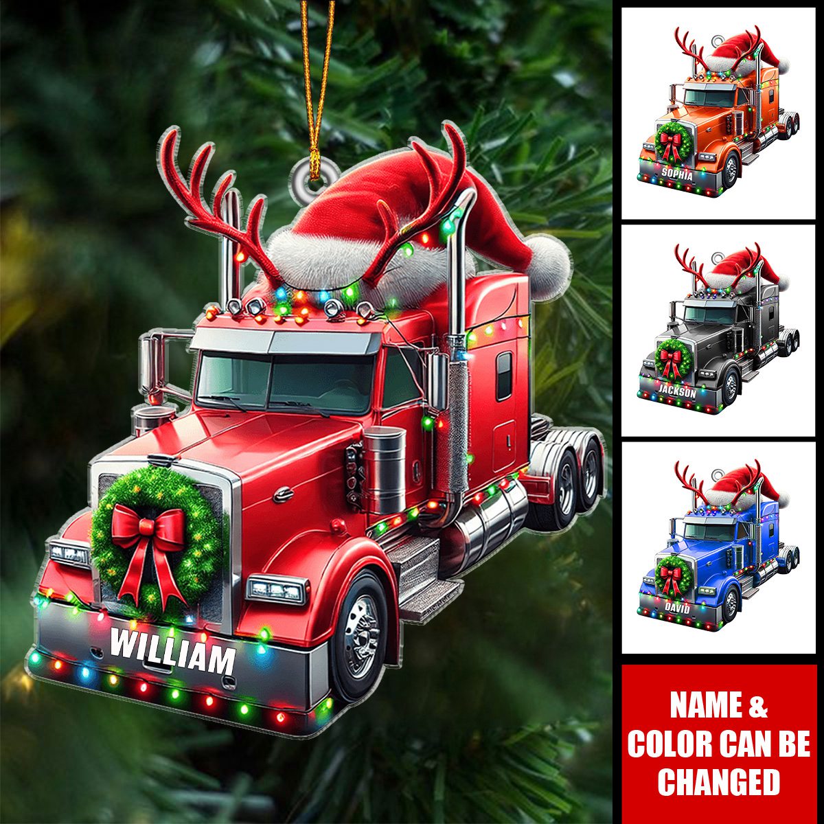 Custom Name Semi Truck With Santa Hat Personalized Shaped Christmas Ornament, Gift For Truckers