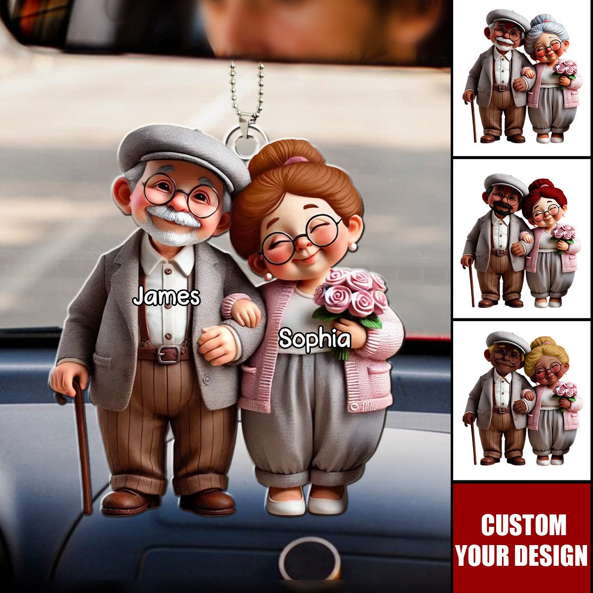 Old Cartoon Couple Holding Hand Personalized Acrylic Car Ornament -  Gift For Couple