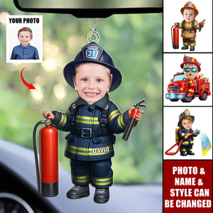 Funny Firefighter Kid Personalized Christmas Car Ornament