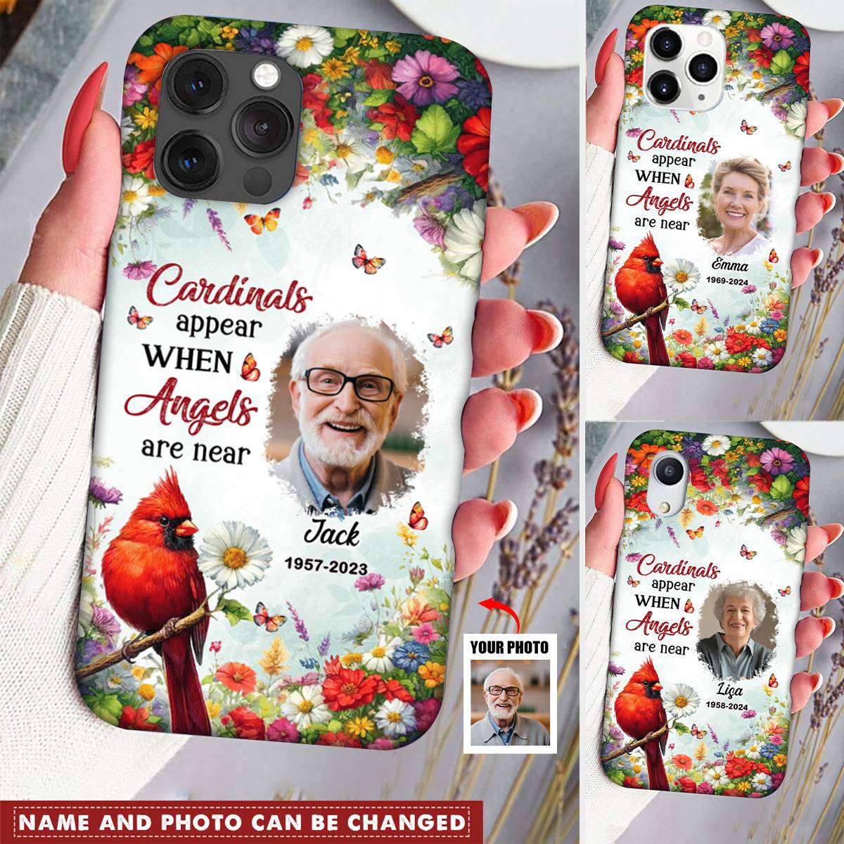 Memorial Red Cardinal Floral Upload Photo, Cardinals Appear When Angels Are Near Personalized Phone Case