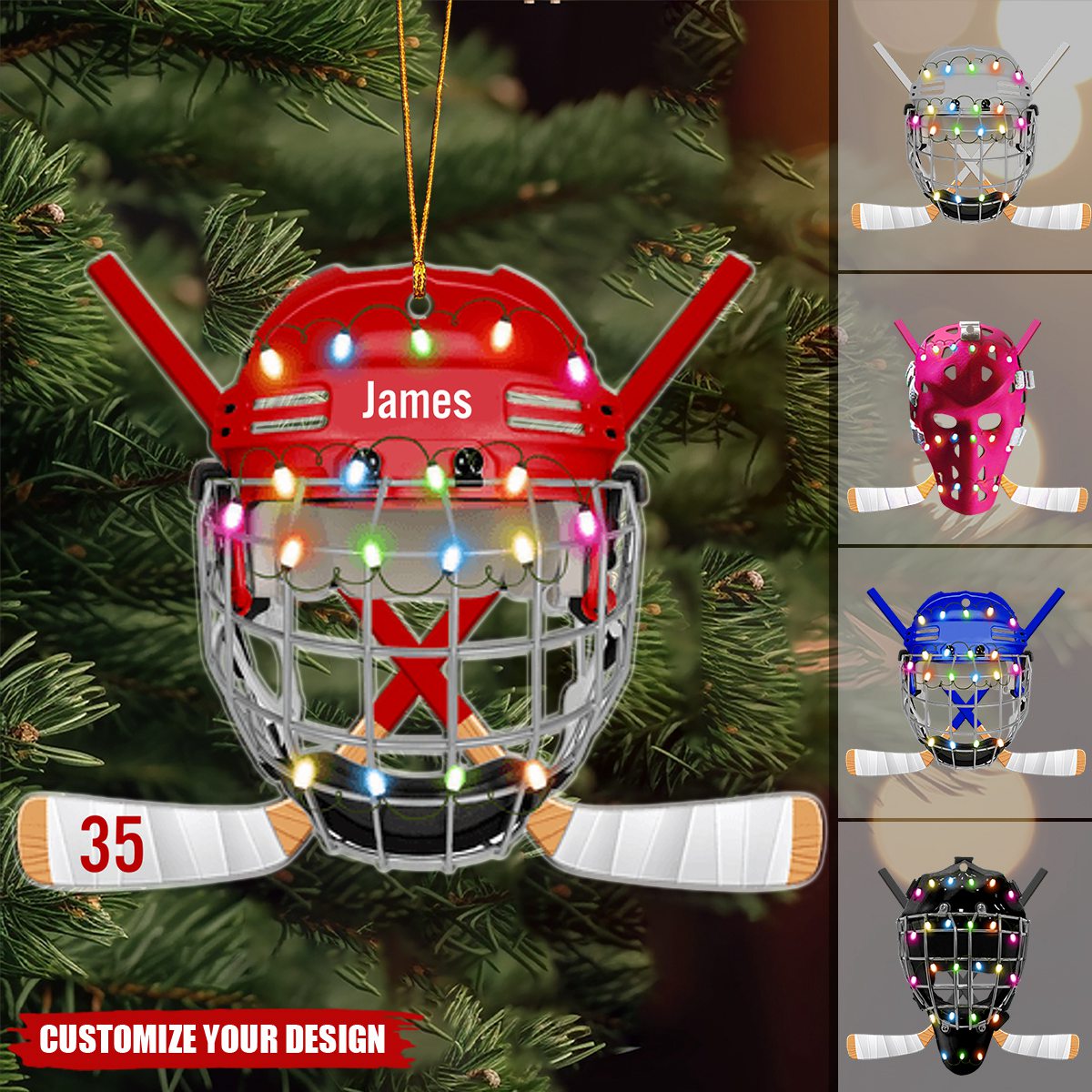 Ice Hockey Helmet, Personalized Ornament, Christmas Tree Decor