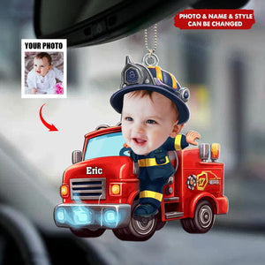 Funny Firefighter Kid Personalized Christmas Car Ornament