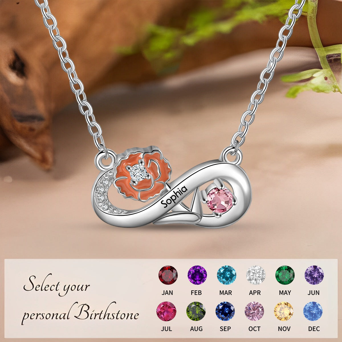 Personalised Month Birthflower Necklace With Birthstone