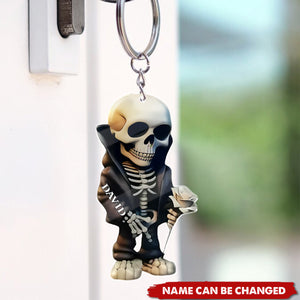 Personalized Romantic Skeleton Gothic Holiday Keychain With Rose And Cloak Design